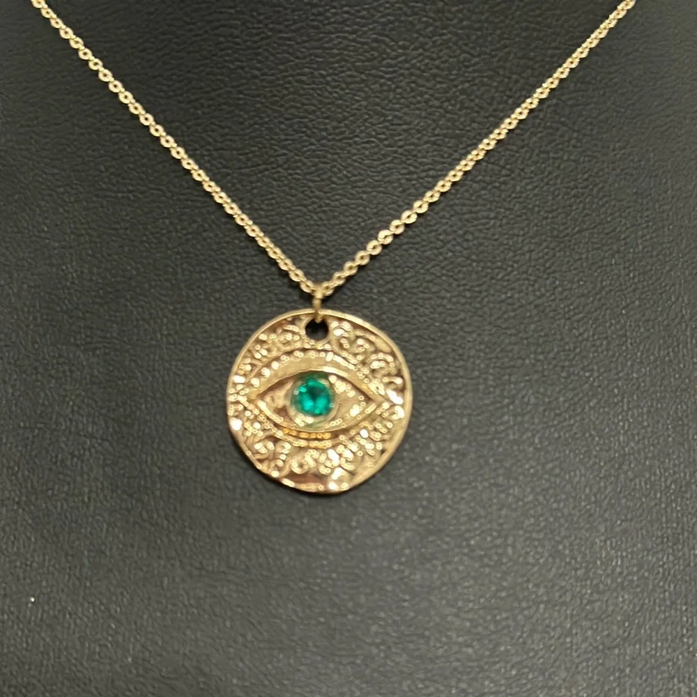EXPRESS Gold-Tone Evil Eye Pendant Necklace – Teal Glass Center - Picture 3 of 8